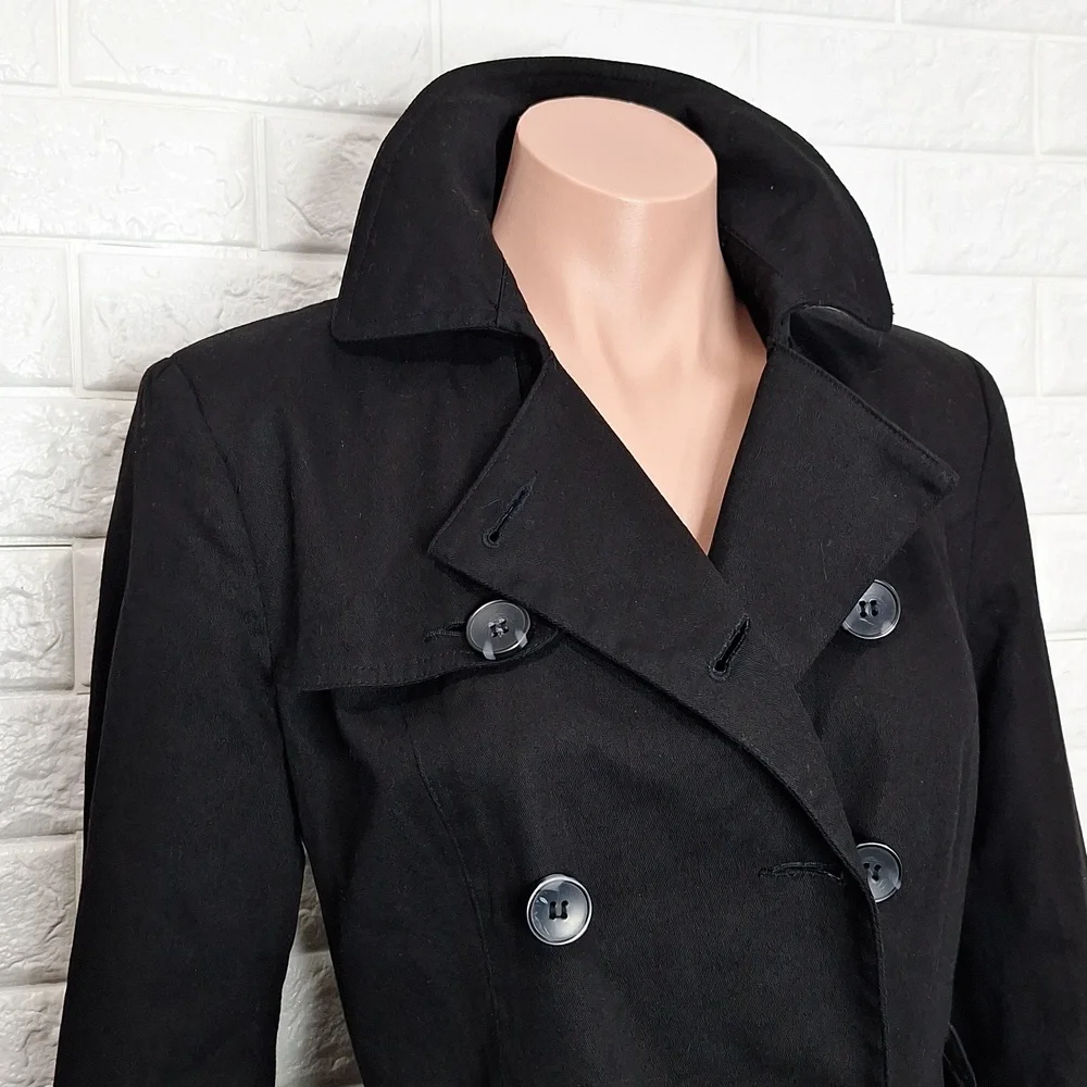 ASOS Black Double Breasted Trench Coat with Matching Belt and Button Back Detail - Picture 3 of 12